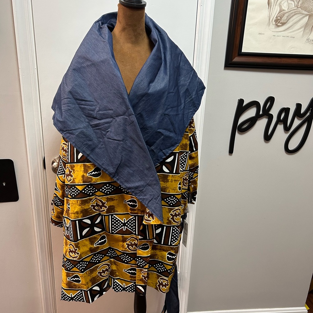 Bold Patterned Jacket with Blue Scarf